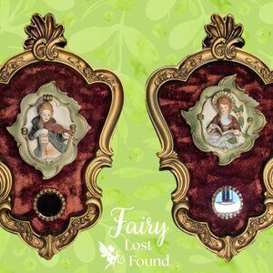 2 Vintage Gold Wall Frames with 3D Porcelain Couple & Mirrors on Red Velvet Mat